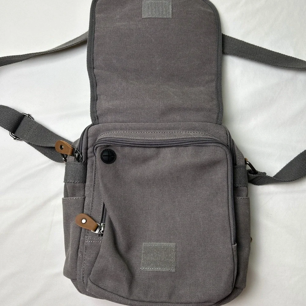 Plambag Mens Gray Canvas Multi Pocket Messenger Crossbody Bag Medium Gray